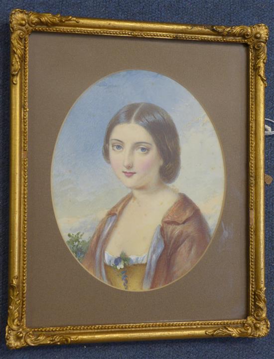 Attributed to Agnes Rose Bouvier watercolour,  Portrait of the painter, Miss Agnes Rose Bouvoir, later Mrs Samuel Joseph Nich(-)